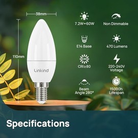 Linkind Linkind E14 LED Kerzenform Lampe, ersetzt 60 Watt, 7W LED Kerze Lampe 860Lm 5000K Tageslicht, Nicht Dimmbar C35/B35 Kerzenlicht, Energie sparen, 6 Stck khles Wei?