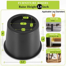 Yookwutar 8 Pack Furniture Risers 4 Inch, Bed Risers Heavy Duty for Table Desk Couch Chair Sofa Cabinet Bed Frame Dorm, Round Table Leg Risers Lift Height 3.4", Black