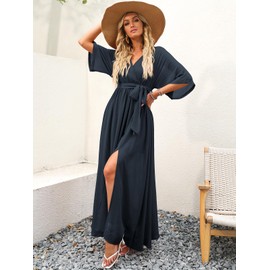 ANRABESS Women's Maxi Dresses Kimono Summer Beach Dress Short Sleeve Elastic Waist Split Party Dress 487zangqing-S Navy Blue