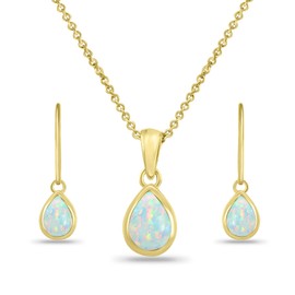 Yellow Gold Flashed Sterling Silver Simulated White Opal Teardrop Bezel-Set Pendant Necklace & Dangle Leverback Earrings Set