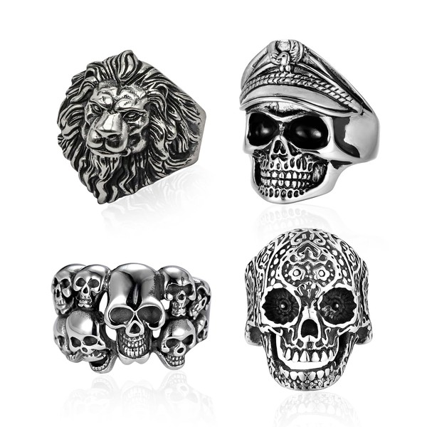 Pack of 4 Skull Ring, Animal Lion Head Ring, Stainless