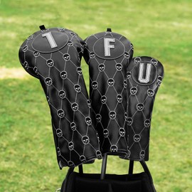Golf Club Head covers Wood Set 3 PACKS (1.F.U) Set for Driver Fairway Hybrid with No.Tag Elastic Closure Black PU Leather Skull Pattern
