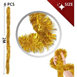 Christmas Tree Tinsel Garland, Pack of 6 2 m Christmas Decoration Garland, Christmas Tree Decoration Garland, Garland Christmas (Gold)