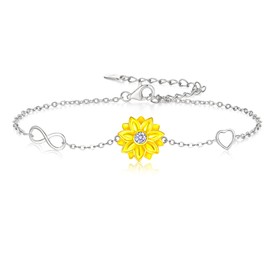 Clearine Sunflower Bracelet 925 Sterling Silver CZ Adjustable Heart Charm Bracelet for Women, Sterling Silver Cubic Zirconia, Zircon