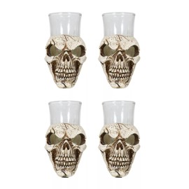 Ebros Gift Set Of 4 Gothic Graveyard Macabre Grinning Evil Skull Shot Glass Holder Figurine