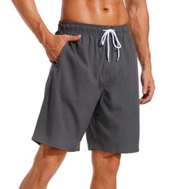 SILKWORLD Mens Swimming Trunks with Compression Liner Quick Dry Swimwear Beach Shorts with Zipper Pockets,Dark Grey,Medium