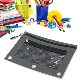 KBD 3 Ring Binder Pencil Pouchs, Zippered Pencil Pouch with Zipper Pulls Double Pocket Pencil Pouch 3 Ring with Clear Window (Grey &Pink 2pack)