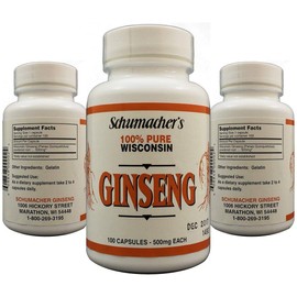 American Ginseng Capsules, 100% Pure Wisconsin Ginseng, 500mg, 100 Capsules - Best Ginseng Supplement, Pure Potent Wisconsin Ginseng Roots by Schumacher Ginseng