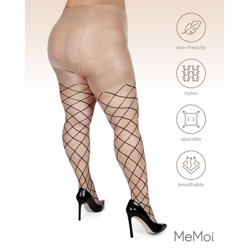 MeMoi Diamond Curvy Plus Size Sheer Tights, Comfortable Compression Control