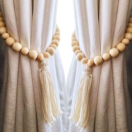 YELLOW LOTUS Farmhouse Curtain Tiebacks - Set of 2 Curtain Holders with Tassels & Brass Hooks - 27 inch Curtain Ties for Drapes, Natural Wood Boho Beads Tie Backs, Neutral