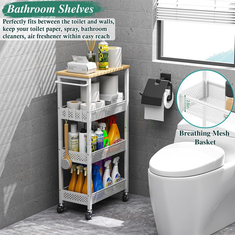 OKZEST Utility Slim Storage Cart, 4-Tier Narrow Bathroom Organizers and