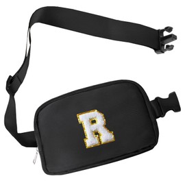 COSHAYSOO Small Initial Waist Fanny Pack Belt Bag with Chenille Letter Patch for Grandson Big Litter Boy Traveling Running Christmas Birthday Gifts, Mini Preppy Fashion Crossbody Pouch Black (R)