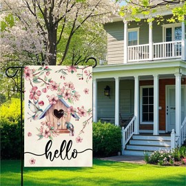 Baccessor Spring Garden Flag Pink Floral Bird House Cherry Blossoms Small Yard Flag 12.5 x 18 Inch Double Sided Burlap Spring Summer Welcome Flag for Outside Outdoor Decor