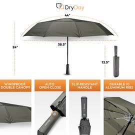 DryDay 44” Premium Umbrellas for Rain, Large Windproof Double Canopy Umbrella, 10 Aluminum Ribs, Sturdy Frame, Auto Open Close Unique Handle, Windproof & Waterproof Umbrella for Women & Men, Khaki