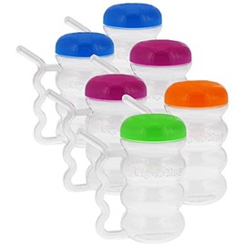 Arrow Home Products Sip-A-Mug, 14oz, 6pk - Easy to Grip Plastic Kid's Cup Where the Handle is the Straw - BPA-free with Screw-On Caps Great for Everyday Use, Made in the USA - Clear with Color Lids