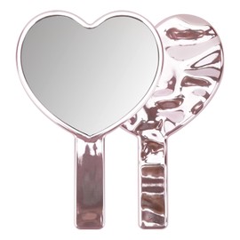 Espejo de mano en forma de corazón para comprobar la parte posterior del cabello, acabado brillante plateado, espejo de cambiador compacto de mano para maquillaje, rosa