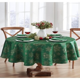 Newbridge Fancy Metallic Snowflake Christmas No-Iron Soil Resistant Fabric Holiday Tablecloth, Sparkling Snowflakes Lurex Woven Easy Care Tablecloth, 60 Inch x 84 Inch Oval, Hunter/Gold