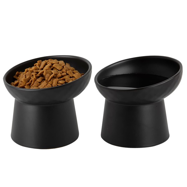 Ceramic Raised Cat Bowls, Elevated Tilted Cat Food and Water Bowls Set, Porcelain Stress Free Pet Feeder Dish for Cats and Small Dogs, Dishwasher and Microwave Safe, Set of 2(Black)