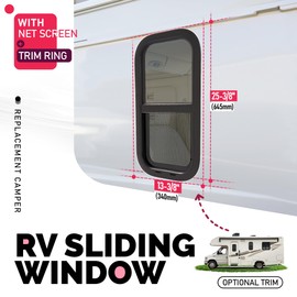 WUTIST 2PCS 12" W x 24" H RV Window Universal W/Net Screen and Trim Ring Slide Vertical Window Tempered Glass Aluminium Plastic Rubber Black Dark