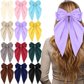 Hoteam 12 Pcs Silky Satin Oversized Hair Bows Bulk Big Hair Bows for Women Long Tail Large Bowknot Barrettes Hair Barrettes Clips Ribbon Bows Hair Accessories Gifts (Classic)