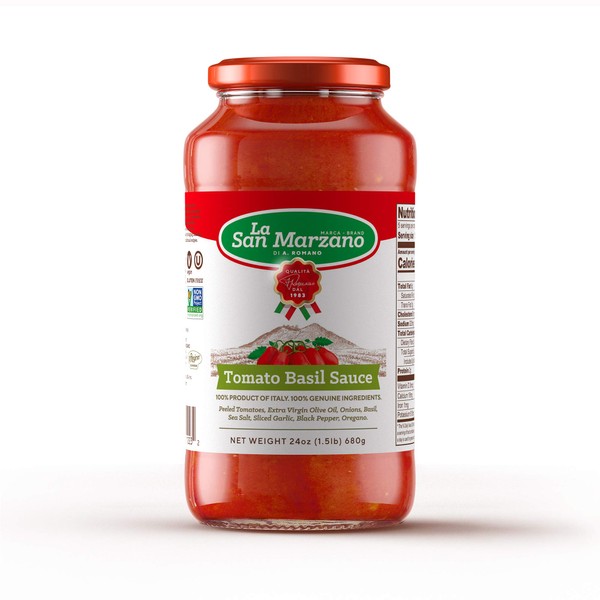 Tomato and Basil Classic Pasta Sauce La San Marzano 100% Product of Italy One 24 Oz Jar - 100% Genuine Ingredients With San Marzano Tomatoes (Pack of 1)