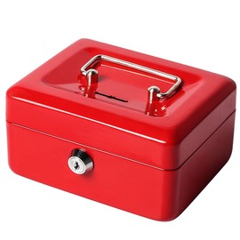 Jssmst Small Lock Cash Box with Money Tray, Locking Money Box for Kids with Slot on Top, Red Lock Box, 5.91 x 4.72 x 2.95 inches, CB003-R