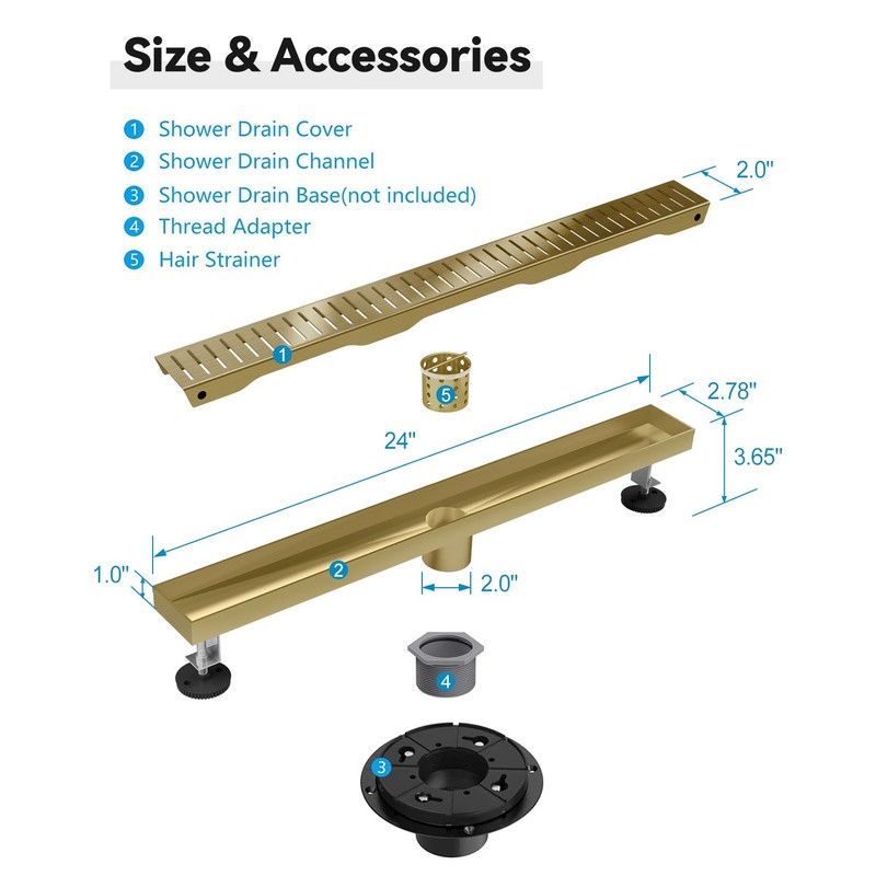HTOH Gold Shower Drain, 304 Stainless Steel Linear Shower Drain