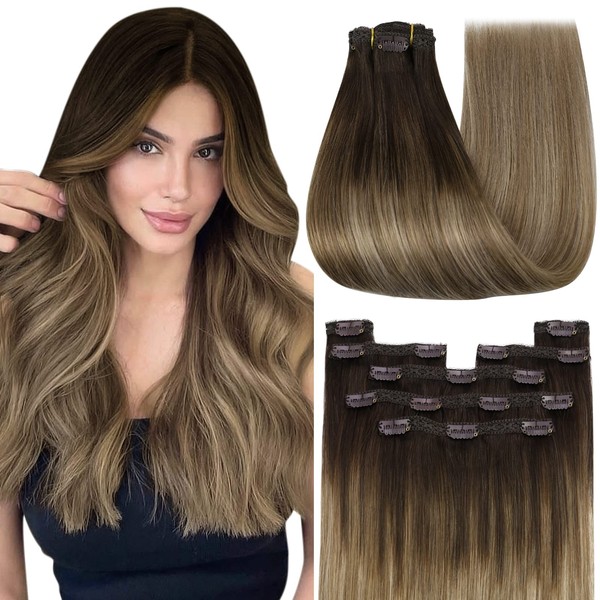 YoungSee Clip on Hair Extensions Real Human Hair Balayage Brown Clip on Hair Extensions Human Hair Balayage Dark Brown to Blonde with Brown Clip in Real Human Hair Extensions Balayage 20Inch 120G 7Pcs