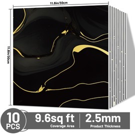 10pcs Marble Peel and Stick Backsplash Waterproof Wall Panels, 11.8"x11.8" Self Adhesive Marble Foam Tile, PVC Wall Panels for Bathroom, Kitchen, Living Room and Laundry Room (Black and Gold)