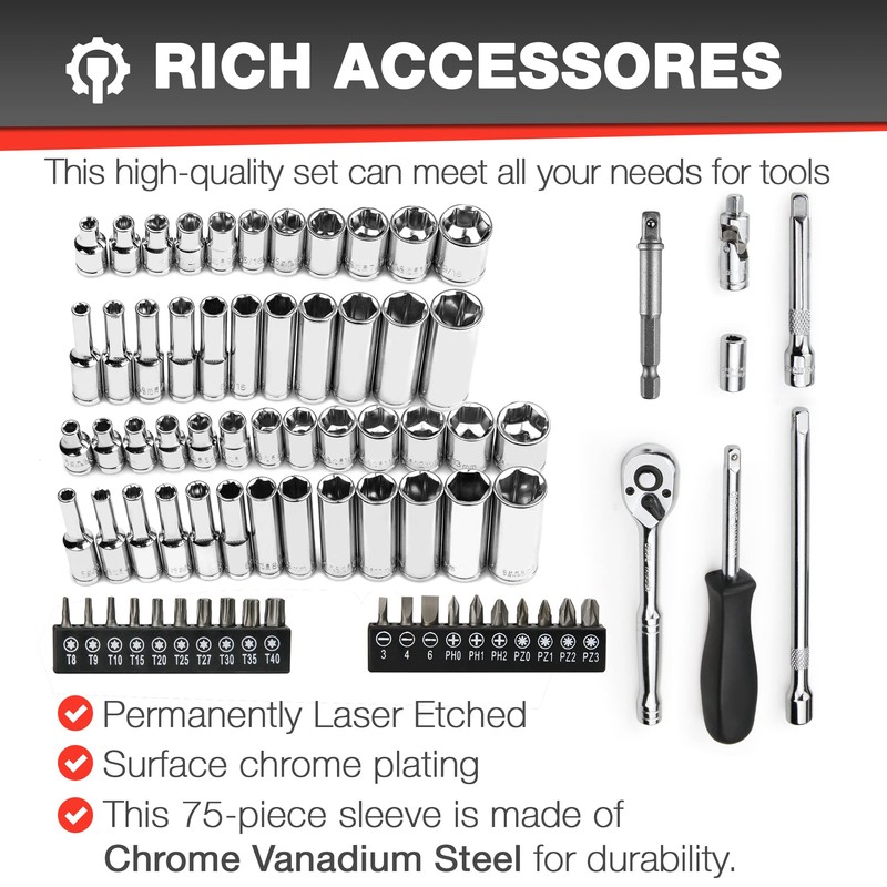 EACELIY 75pcs 1/4" Drive Impact Socket Set, Master Socket Set,Wrench