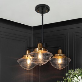 GEPOW Black & Gold Chandelier, 3-Light Modern Glass Chandeliers Over Table, Farmhouse Brass Dining Room Light Fixture for Living Room, Foyer and Kitchen