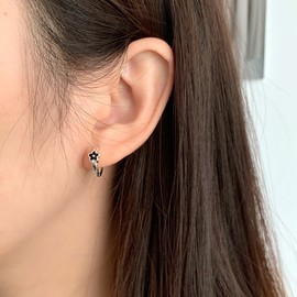 SLUYNZ Solid 925 Sterling Silver Black Flower Earrings Hoop for Women Teen Girls Small Flower Hoop Earrings Huggie (A-Sterling Silver)