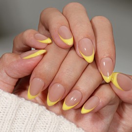 KQueenest Yellow French Tip Press On Nails Short Almond, 30 Pcs Acrylic Press On Nails With Glue, Glossy Soft Gel Short Fake Nails Press ons, Reusable Natural Nude Glue on Nails for Women Summer