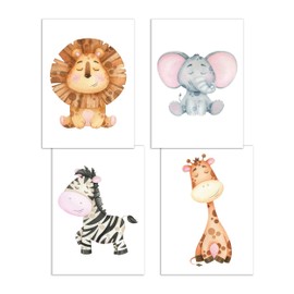 Presentou Set of 4 Animal Pictures,Children's Room Poster Wall Pictures Decoration,Cute Painted Watercolour Look,DIN A4 Premium Paper (Jungle Animals 2,Lion Elephant Zebra Giraffe)