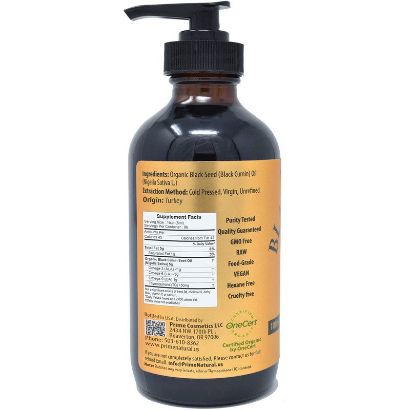 PRIME NATURAL Organic Black Seed Oil 16oz - Cold Pressed