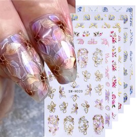 6 Sheets Flower Nail Art Stickers Decals 3D Self-Adhesive Embossed Gold Edge Flowers Nail Stickers Summer Petals Flowers Leaves Nail Decals Supplies for Women DIY Summer Manicure Decorations