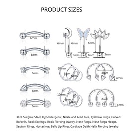 YACHY - 18 piezas de 16 g para mujeres y hombres, anillos de cejas, aretes de torre, piercing para ombligo, barra curva, piercing para cejas, piercing para cartílago, hélice, tragus, piercings