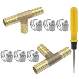 Seimneire 2 Pcs 3/8" Brass Tee Barb Fittings with 6 pcs Stainless Steel Pipe Clamps, 3 Way T Shape Union Intersection Hose Barb Splicer for Water/Fuel/Air