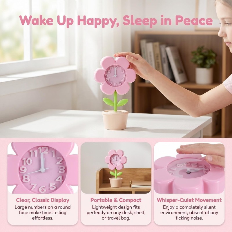 Artibetter Cute Flower Alarm Clock for Girls: Silent Movement &