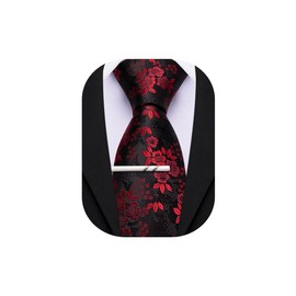 Barry.Wang Red Black Tie Floral Silk Necktie with Tie Clip for Men Formal Wedding Party Business