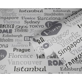 Sample for Display Purpose. Concord Wallcoverings Plain Modern Textured Wallpaper Featuring City Names of Different Countries , Cream Silver Grey7" X 10"; 304671