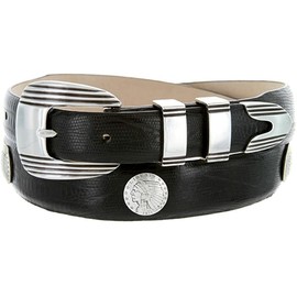 Indian Head Coin Concho Italian Calfskin Genuine Leather Belt 1-1/8"(30mm) taper down to 1"(25mm) wide (Lizar Black, 36)