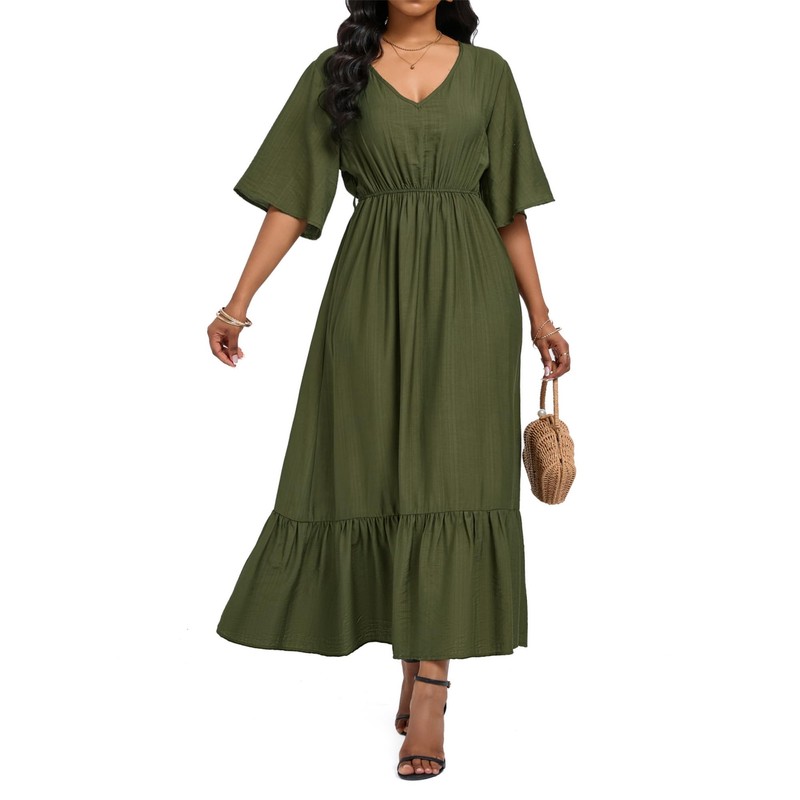 Ystguic Women's Short Sleeve Bohemian V-Neck Floral Print Maxi Flowy