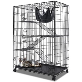 Homey Pet 51 Inch Cat Cages Indoor, Large 4-Tier Cat Crates for Indoor Cats, Collapsible Metal Wire Cat Enclosures Big Kennel for Adult Cats Kitten Kitty with Hammock, Ladders, 360° Wheels