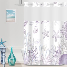 Extra Long No Hook Nautical Coastal Shower Curtain with Snap in Liner Set, Ocean Summer Beach Seashell Design, Hotel Quality Bathroom Decor, with See Through Mesh Top Window, Purple 71" x 84"