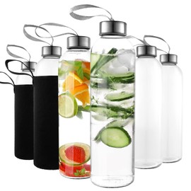 Kitchen Lux 24oz Glass Water Bottles – Pack of 12 - Nylon Protective Sleeves, Airtight Screw Top Lids, Portable Carrying Loops - Lead, PVC and BPA Free - Water, Smoothie, Juicer, and Beverage Glasses