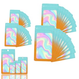 400 Pack 4 Size Bags with Clear Window,Scratch Resistant Hand Holographic Packaging Pouch,Resealable Bag for Small Bussiness Cookies Jewelry Candy Sample (Green Orange, 2.4×3.9,3x4.7,4×7,5.5×7.9 inch)