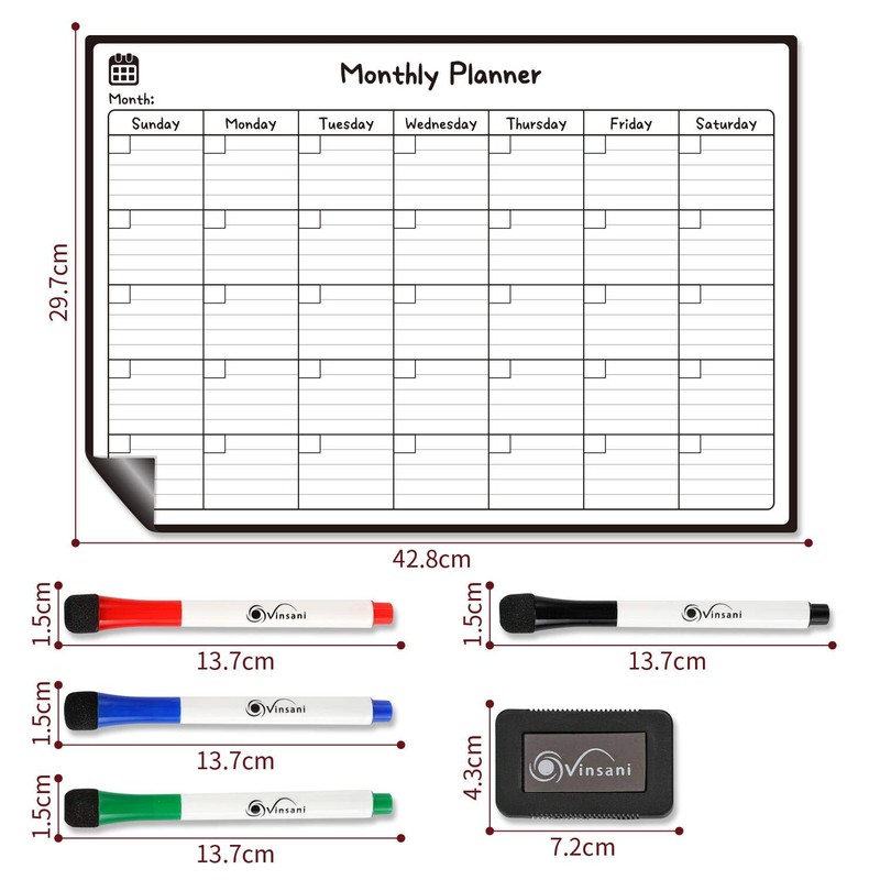 Vinsani Monthly Whiteboard A3 Size - Make Notes, Lists, Memos,