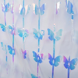 BRAVESHINE 2PCS Butterfly Themed Party Backdrop Streamers Iridescent Lilac Foil Fringe Curtains - 3.3x6.5ft Butterfly Photo Backdrop Wall Door Streamers for Butterfly Fairy Princess Party Supplies