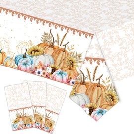 3-Pack 54 x 108 Inch Pastel Pumpkin Thanksgiving Plastic Tablecloth – Elegant Fall Table Cover with Watercolor Pumpkins and Floral Accents for Autumn Dinner, Harvest Parties, and Friendsgiving Décor